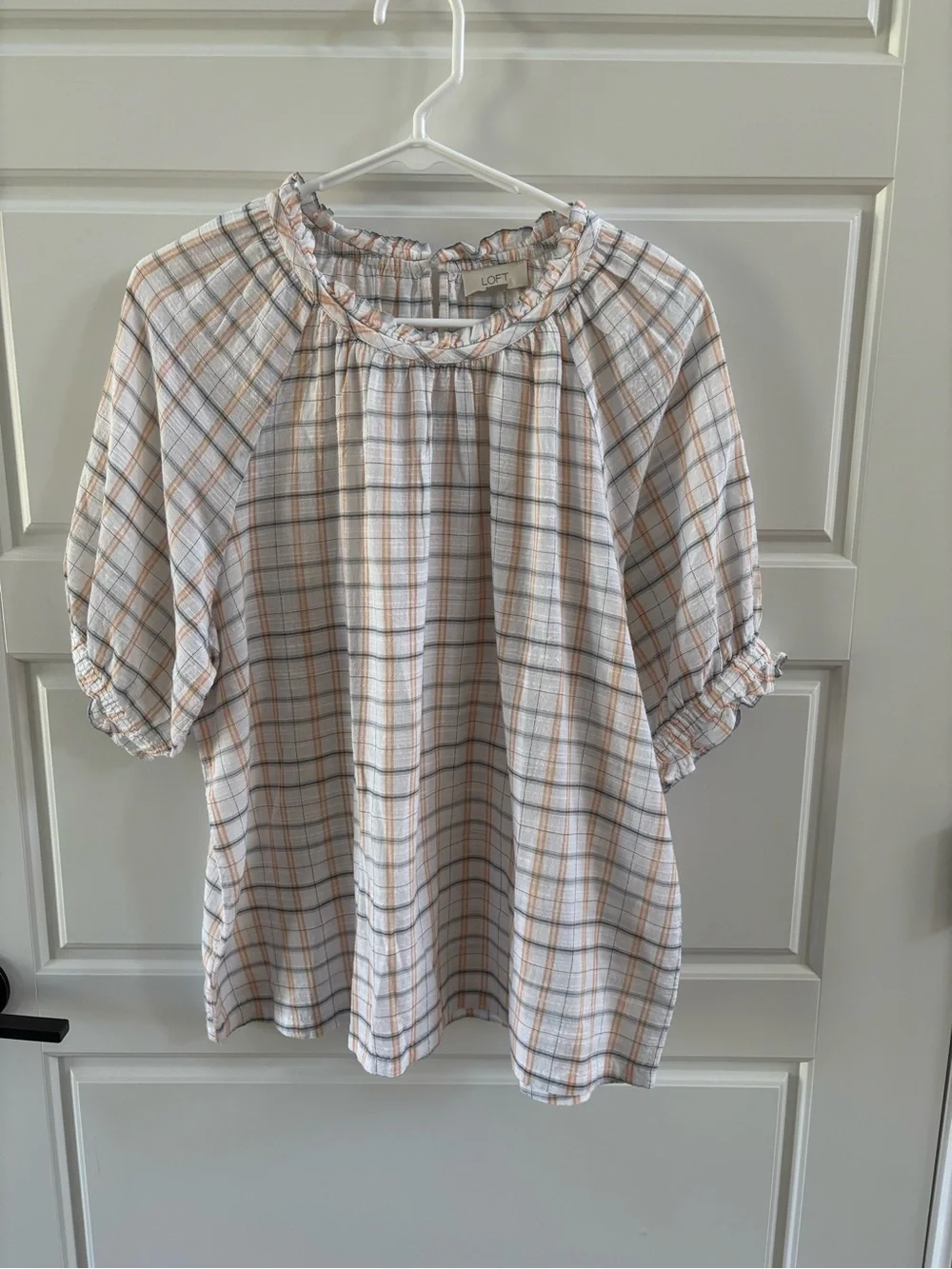 LOFT Plaid Ruffle Neck Peasant Blouse Size Large